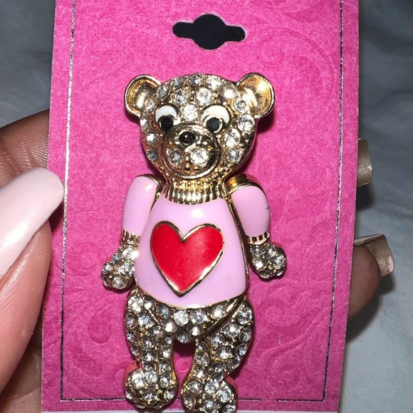 Gold Teddy Bear Pin. With Rhinestone and Hearts - Picture 4 of 7